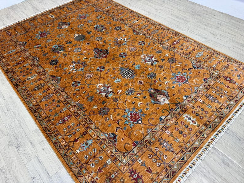 Hand Knotted 7x10 Ft Gold Tone Sultani Area Rug - Floral Motif Afghan ...