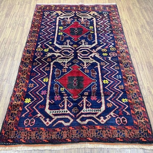 4x7 Ft Vintage Baluch Area Rug - Afghan High Pile Hand Knotted Veg Dyes Wool Tribal Rug - Bedroom Rug - Kitchen Rug - Entryway Rug 4x7 Ft
