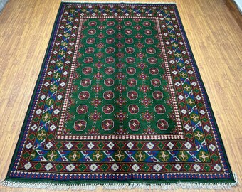 Alfombra Bokhara verde de 1,5 x 2,4 m - Alfombra afgana de pelo largo anudada a mano con tintes vegetales - Alfombra para sala de estar - Alfombra para dormitorio - Alfombra para habitación infantil