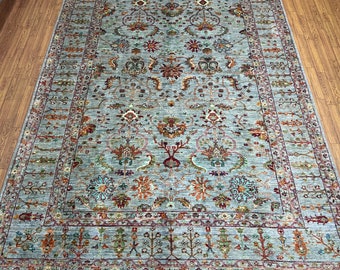 Handmade 6x8 Ft Light gray Veg Dyed Afghan Flower Pattern Rug, Modern Pattern Wool Rug, Turkmen Rug 6x8 Ft, Multi Color Rug, Non Slip Carpet