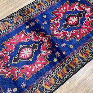 Handmade 4x7 Ft Vintage Area Rug - Baluch Rug 4x7 - Afghan Tribal Turkmen Nomad Rug - Geometric Pattern Rug - Blue Rug 4x7 Ft - Door Rug 4x7