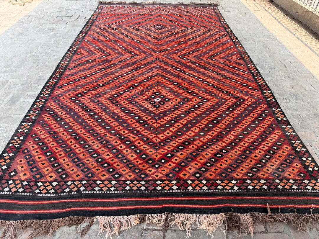 Terracotta 9x16 Vintage Maimana Kilim Rug - Afghan Traditional ...