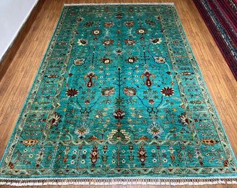 Handmade 6x9 Ft Turquoise Waziri Area Rug - Afghan Veg Dyes Wool Oriental Rug - Rug For Living Room - Bedroom Rug 6x9 - Ethnic Rug 6x9