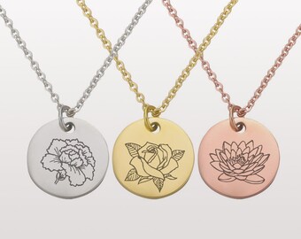 Engraved Birthflower Necklace, Birth Month Flower Jewelry, Floral Necklace, Christmas Gift, Birthday Gift, Unique Family Gift for Mother