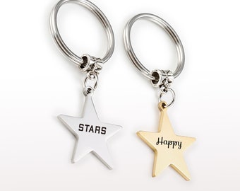 Star Shaped Keychain, Custom Engraved Name Word Silver Gold Keyring, Christmas New Year Gift for Parents Brother Sister and Good Friend