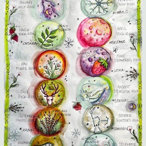 12 Full Moons Original Watercolor Print, Printed on Fine Art Paper, Wheel of the Year, Sabbats,Witch, Grimoire, Wiccan, Samhain, Yule, Wicca