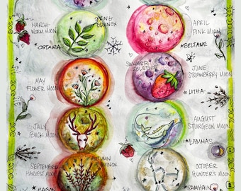 12 Full Moons Original Watercolor Print, Printed on Fine Art Paper, Wheel of the Year, Sabbats,Witch, Grimoire, Wiccan, Samhain, Yule, Wicca