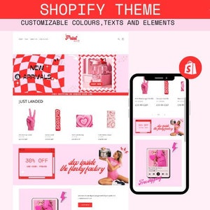 Puede incluir: Un tema de Shopify rosa y blanco con un fondo a cuadros y un gráfico rosa y blanco de una mano haciendo un signo de paz. El texto "Nuevas llegadas" y "Recién llegado" se muestra en la página. El tema es personalizable con colores, textos y elementos.