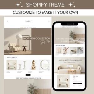 Op de afbeelding: Een schermafbeelding van een website die een Shopify-thema voor een online meubelwinkel laat zien. De website heeft een modern ontwerp met een focus op hoogwaardige meubels en woonaccessoires. De website bevat een "Shop New Collection"-sectie, een "Just Landed"-sectie en een "Best Sell Now"-sectie. De website bevat ook een bericht "Gratis verzending voor bestellingen boven € 50".