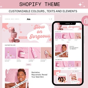 May include: A pink and white Shopify theme design, featuring a website layout on a laptop and a mobile phone. The design highlights customizable colours, texts, and elements. The text "Glow on Gorgeous" is displayed. The theme promotes skincare products.