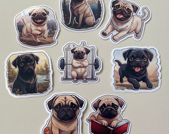 Cute Pug Vinyl Stickers - Set of 8 | Perfect for Planners, Journals, Laptops, Water bottles | For Kids, Students, Animal lovers