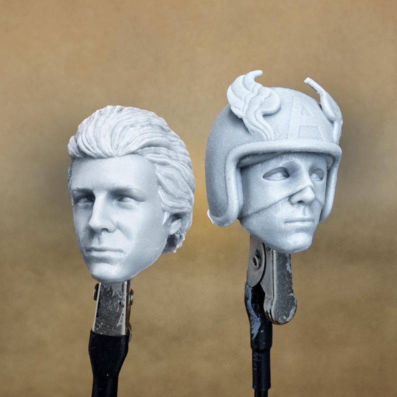 Custom Captain America 1979 (Reb Brown) heads in 8k resin. Sculpt by Vmytoy and produced at the Los Angeles studio.