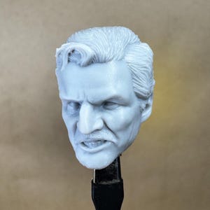 May include: A detailed, gray-toned bust of a man's head, featuring a furrowed brow, a prominent nose, and a neatly trimmed mustache. The hair is styled with a slight wave. The sculpture is mounted on a black support.