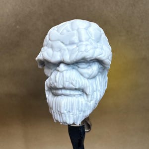 May include: A light gray, detailed sculpture of a bearded face with a furrowed brow and textured hair. The sculpture has a rough, weathered appearance, with deep lines and crevices. The face is mounted on a black stand.