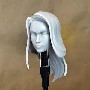 Könnte beinhalten: Eine unbemalte, hellgraue weibliche Kopfskulptur mit langem, fließendem Haar. Der Kopf ist an einer schwarzen Klemme befestigt. Die Skulptur hat einen neutralen Ausdruck und ist wahrscheinlich für Kunst- oder Bastelprojekte gedacht.