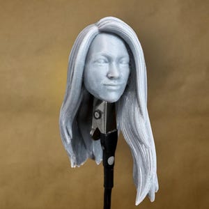 Può includere: Una testa femminile grigia stampata in 3D con capelli lunghi e lisci. La testa è montata su un supporto nero.