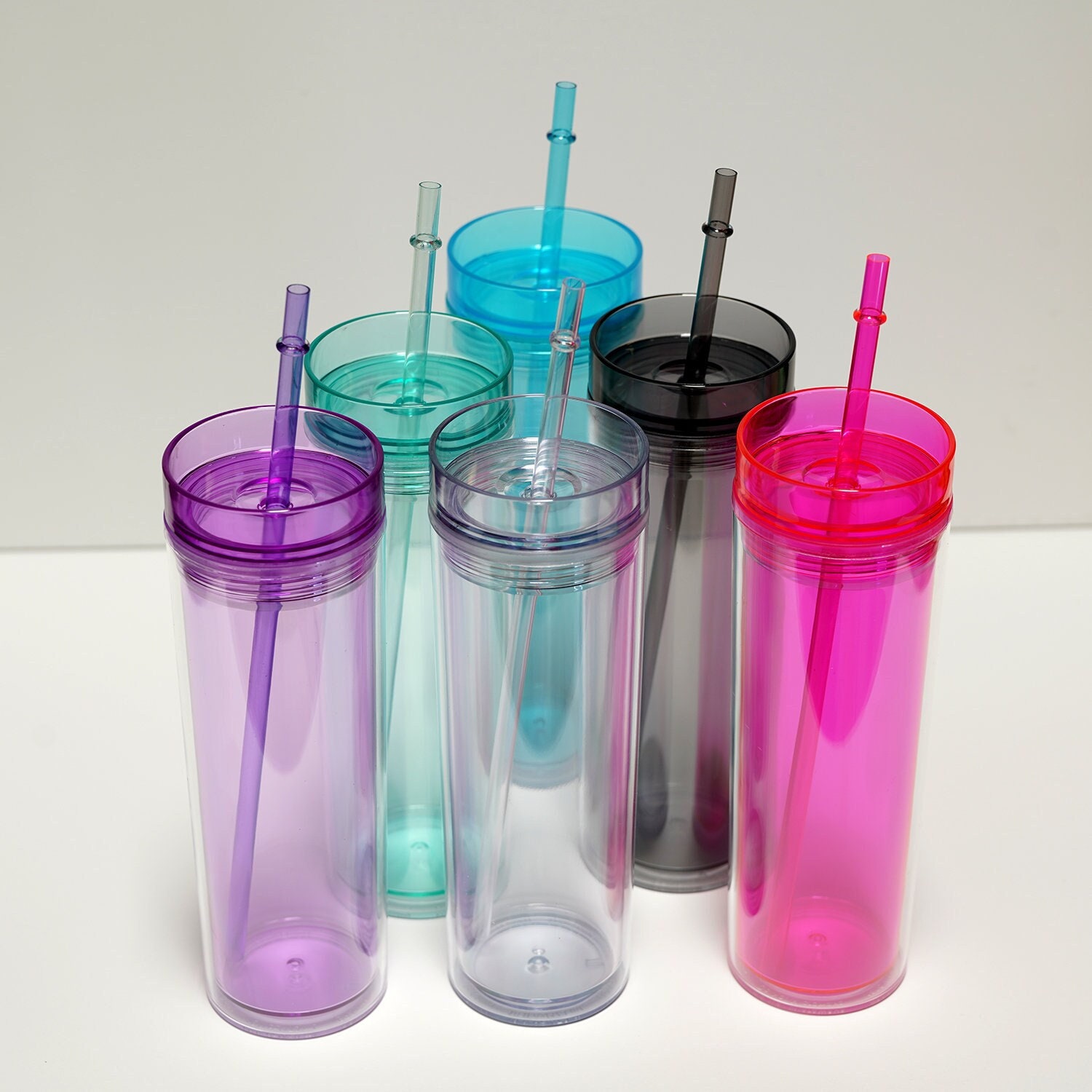 Skinny Tumblers with Lids and Straws Bulk.Matte Pink Slim Tumbler Cups with  Straws.16oz Plastic Pastel Double Walled Acrylic Skinny Tumbler Set for