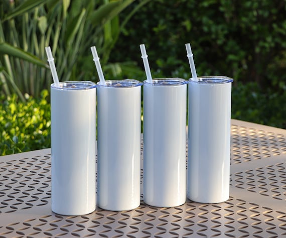 50Pack 20oz White Sublimation Straight Skinny Tumbler Blanks with Plastic  Strwas