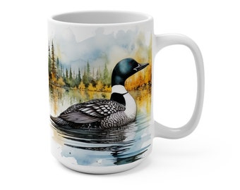 Loon on the Lake Watercolor Design/Minnesota/ Audubon/Nature lover/Bird Watcher/White Ceramic Mug 15ounce