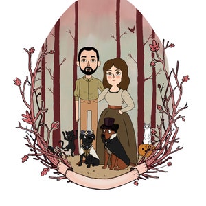 May include: A digital illustration of a couple with two dogs and a cat in a forest setting. The couple is standing in front of a backdrop of trees and a pink sky. The dogs are wearing costumes, one with a flower crown and the other with a top hat and cape. The cat is white and sitting on a pumpkin.