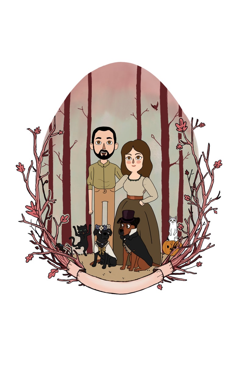 May include: A digital illustration of a couple with two dogs and a cat in a forest setting. The couple is standing in front of a backdrop of trees and a pink sky. The dogs are wearing costumes, one with a flower crown and the other with a top hat and cape. The cat is white and sitting on a pumpkin.