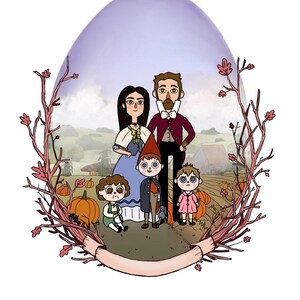 May include: A family of five cartoon characters standing in a field with pumpkins. The parents are dressed in fall colors and the children are wearing hats. The family is surrounded by a wreath of branches with pink flowers.