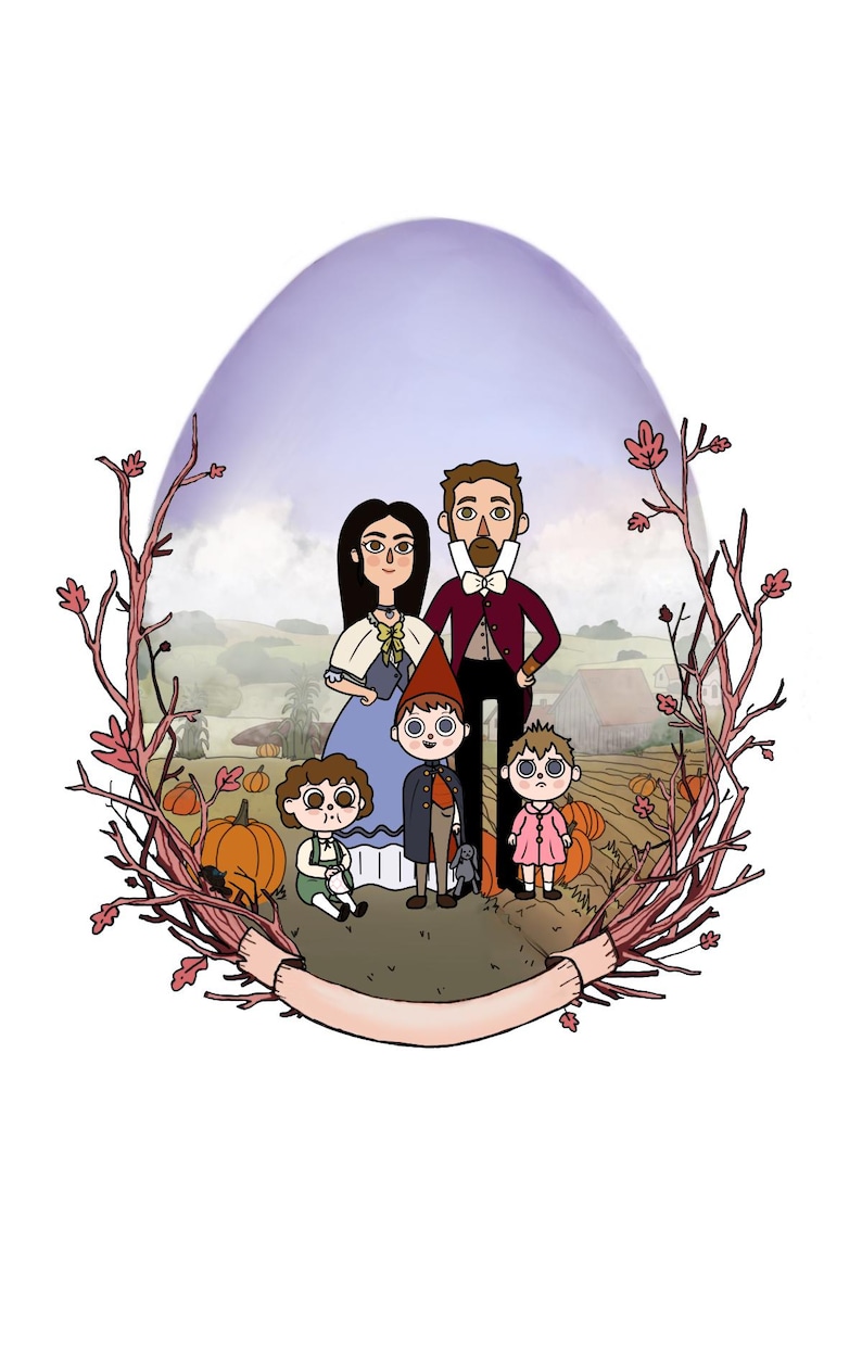 May include: A family of five cartoon characters standing in a field with pumpkins. The parents are dressed in fall colors and the children are wearing hats. The family is surrounded by a wreath of branches with pink flowers.