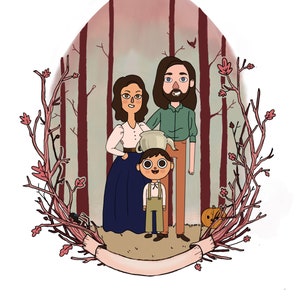 May include: A digital illustration of a family of three standing in a forest. The parents are wearing casual clothing and the child is wearing a brown and white outfit. The family is standing in front of a banner with a blank space for text.