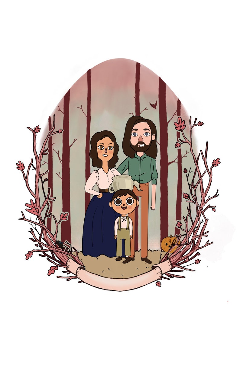 May include: A digital illustration of a family of three standing in a forest. The parents are wearing casual clothing and the child is wearing a brown and white outfit. The family is standing in front of a banner with a blank space for text.