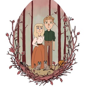 May include: A digital illustration of a couple standing in a forest with two cats. The woman is wearing a long orange dress and the man is wearing a green shirt and brown pants. The background is a soft pink and green.
