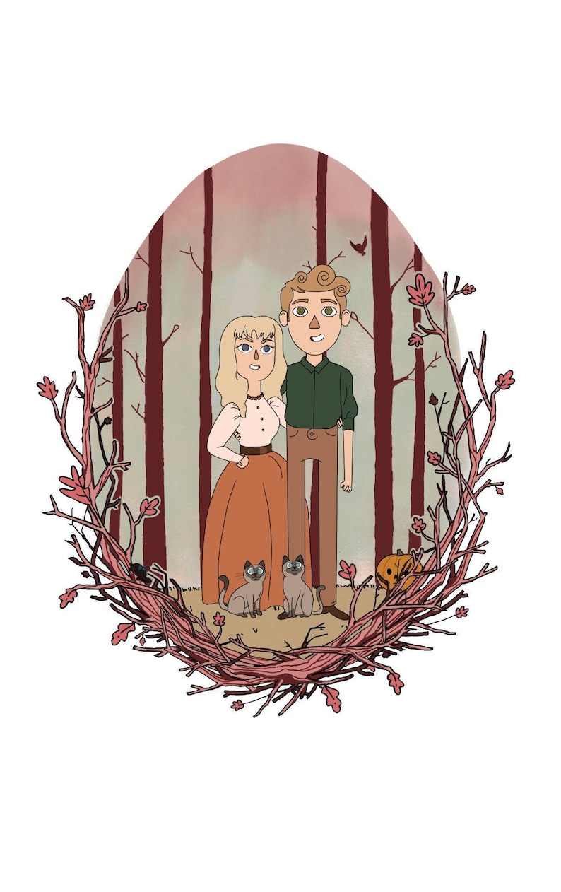 May include: A digital illustration of a couple standing in a forest with two cats. The woman is wearing a long orange dress and the man is wearing a green shirt and brown pants. The background is a soft pink and green.
