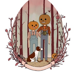 May include: A digital illustration of a family of three pumpkins wearing costumes, with a dog, in a forest setting. The pumpkins are wearing overalls and a tie. The dog is white with brown spots. The background is a soft pink and green.
