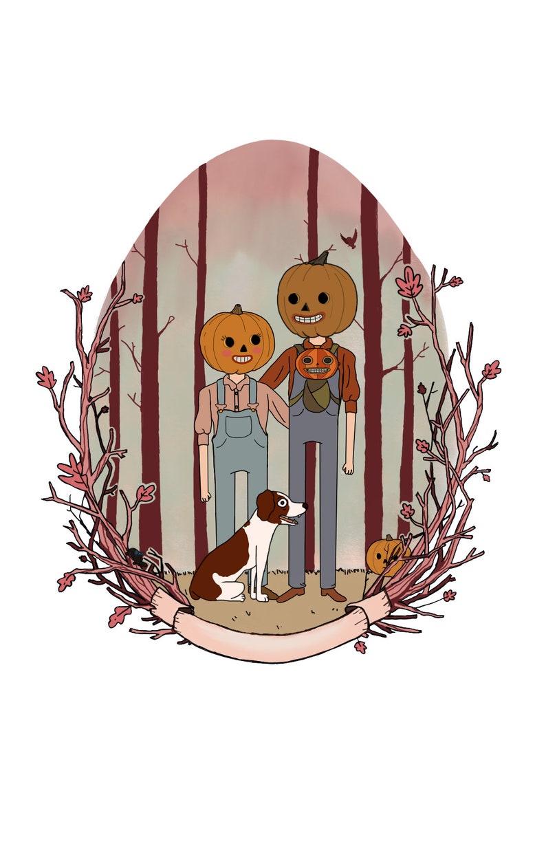 May include: A digital illustration of a family of three pumpkins wearing costumes, with a dog, in a forest setting. The pumpkins are wearing overalls and a tie. The dog is white with brown spots. The background is a soft pink and green.