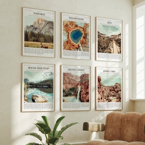 Cartel de los Parques Nacionales de EE. UU. Impresiones Conjunto de 6, Yosemite, Yellowstone, Zion, Montañas Rocosas, Gran Cañón, Parques Nacionales Joshua Tree