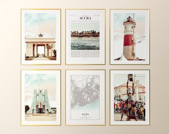 Accra City Prints Set of 6, Accra Photo Poster, Accra Map, Accra Wall Art Gallery, Accra Photography, Ghana