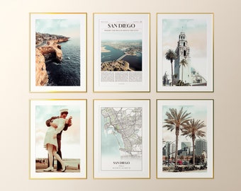 San Diego City Prints Set of 6, San Diego Photo Poster, San Diego Map, San Diego Photography, California, United States