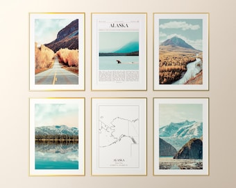 Alaska State Prints Set of 6, Alaska Poster Photos, Alaska Map, Alaska Wall Art, Alaska Photography, United States