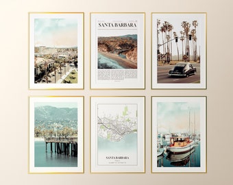 Santa Barbara City Prints Set of 6, Santa Barbara Photo Poster, Santa Barbara Map, Santa Barbara Photography, California, United States