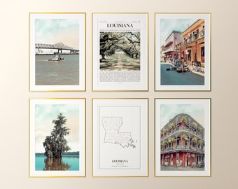 Louisiana State Prints Set of 6, Louisiana Photo Poster, Louisiana Map, Louisiana Wall Art Gallery, Louisiana Photography, United States