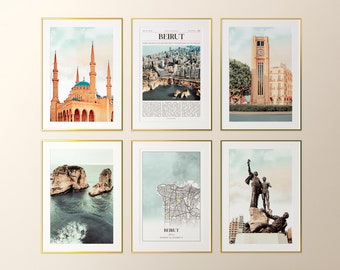 Beirut City Prints Set de 6, Cartel fotográfico de Beirut, Mapa de Beirut, Galería de arte de la pared de Beirut, Fotografía de Beirut, Líbano