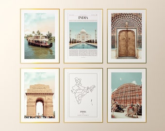 India Prints Set of 6, India Poster Photos, India Map, India Wall Art, India Photography, India