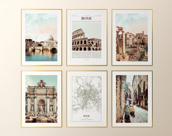 Rome City Prints Set of 6, Rome Photo Poster, Rome Map, Rome Wall Art Gallery, Rome Photography, Italy