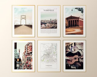 Nashville City Prints Set of 6, Nashville Photo Poster, Nashville Map, Nashville Photography, Tennessee, United States