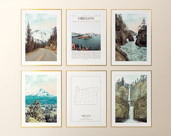 Oregon State Prints Set of 6, Oregon Photo Poster, Oregon Map, Oregon Wall Art Gallery, Oregon Photography, United States