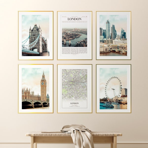 London City Prints Set of 6, London Poster Photos, London Map, London Wall Art, London Photography, United Kingdom