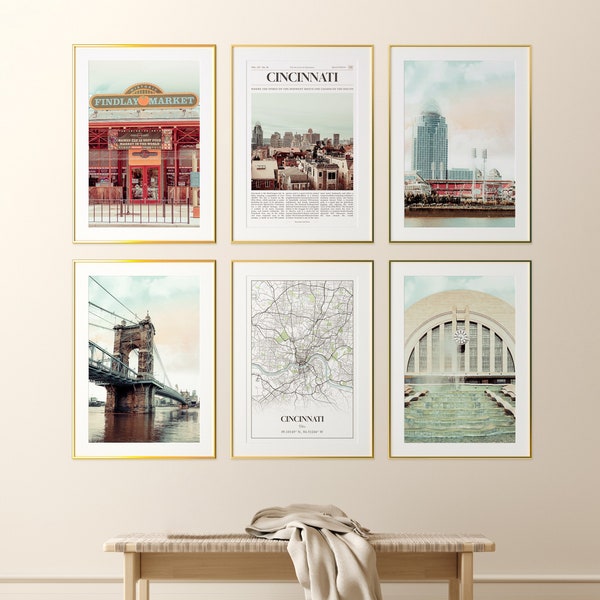 Cincinnati City Prints Set of 6, Cincinnati Photo Poster, Cincinnati Map, Cincinnati Photography, Ohio, United States