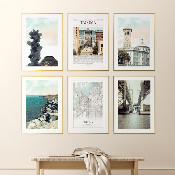 Tacoma City Prints Set of 6, Tacoma Poster Photos, Tacoma Map, Tacoma Wall Art, Tacoma Photography, Washington, United States