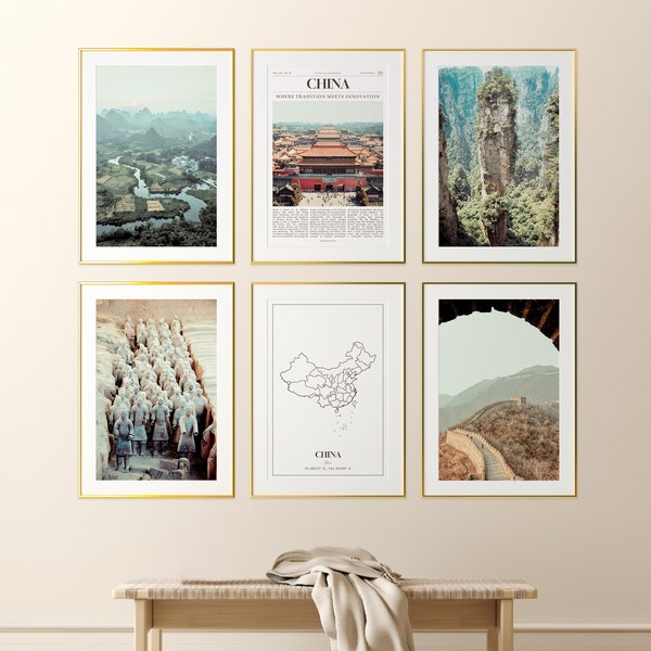 China Prints Set of 6, China Poster Photos, China Map, China Wall Art, China Photography, China