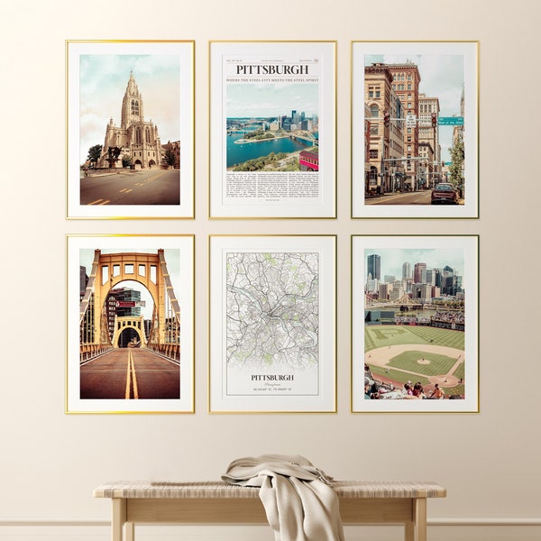 Pittsburgh City Prints Set of 6, Pittsburgh Photo Poster, Pittsburgh Map, Pittsburgh Photography, Pennsylvania, United States