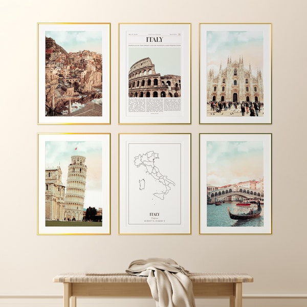 Italy Prints Set of 6, Italy Poster Photos, Italy Map, Italy Wall Art, Italy Photography, Italy